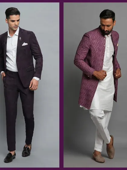 A burgundy suit and a burgundy Indo-Western. Our collection offers both formal and fusion styles in this popular color.