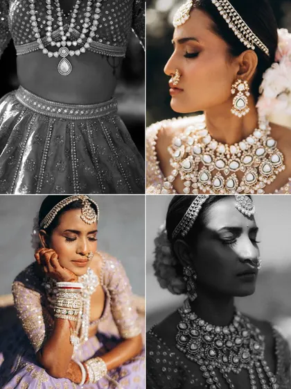 A collection of bridal portraits showcasing her look from different angles. This includes close-ups of her jewelry and expressive black and white shots.
