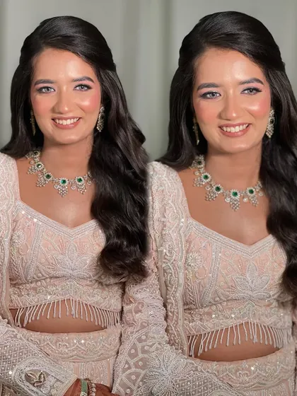 A dual-panel image showing the bride's bright and happy smile.
