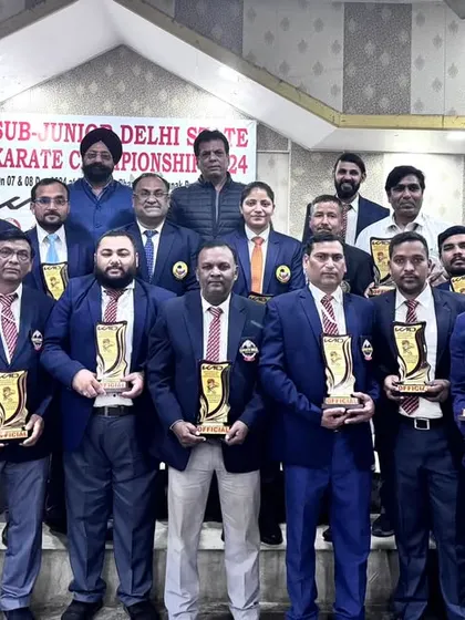 With the organizing committee and officials at the conclusion of the Delhi State Sub-Junior Karate Championship.