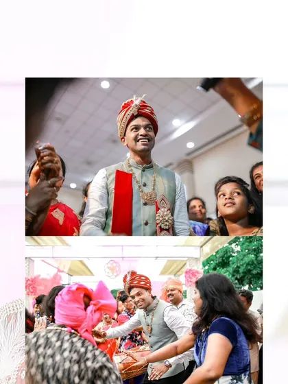 A collage showing the groom's happy arrival and his joyful participation in the wedding festivities.