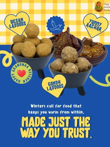Our winter essentials, Gondh Laddoos and Besan Laddoos, are made with pure ghee to keep you warm. We pair them with our tangy homemade achaar for a perfect combination of sweet and savoury Marwadi flavours.