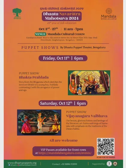 An announcement for the puppet shows 'Bhakta Prahlada' and 'Vijayanagara Vaibhava' held during the 2024 Navaratra Mahotsava.
