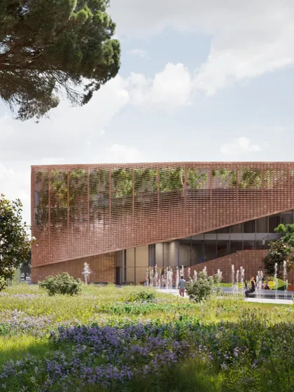 For the MAXXI Multifunctional Building in Rome, my design integrates with the existing museum's curvilinear forms while championing a circular economy. This view shows the building's relationship with the reconfigured landscape, creating a vibrant, interactive urban space.
