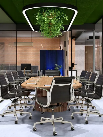 A render of a modern office conference room with a biophilic design element. The suspended planter above the table adds a touch of nature and creates a refreshing atmosphere for meetings.