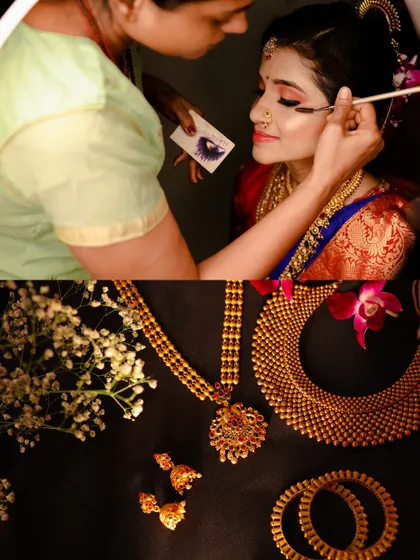 Documenting the final touches of bridal makeup and a flat lay of the stunning gold jewellery. These detail shots are essential for telling the full wedding story.