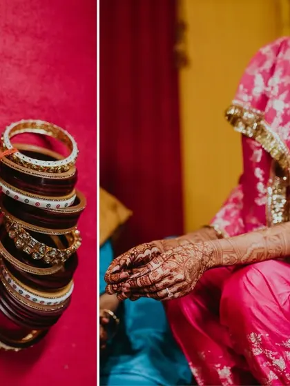 Details from the Chooda ceremony. The stack of traditional bangles and the bride waiting under a veil build anticipation for the ritual.