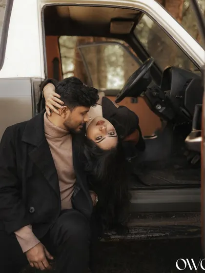 A vintage car adds a touch of classic romance to this pre-wedding shoot. We love incorporating unique props to tell a more personal and cinematic story.