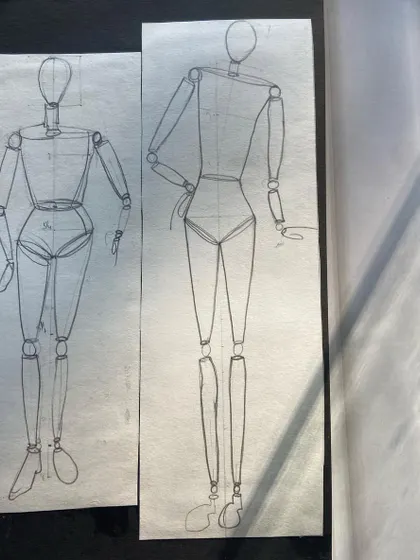 The first step in fashion illustration is mastering the human form. Here are examples of 8 head and 10 head croquis stick figures.