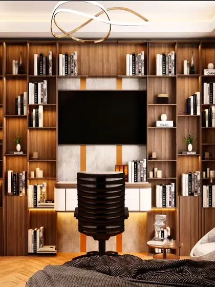 A floor-to-ceiling library and media unit that wraps around the TV, providing immense storage for books and media.