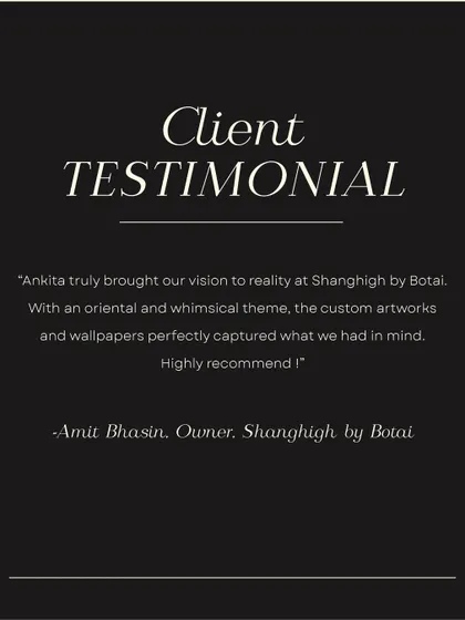 A wonderful testimonial from the owner of Shanghigh by Botai. It was a pleasure to bring their vision to life with custom artworks and wallpapers that captured the oriental and whimsical theme they imagined.