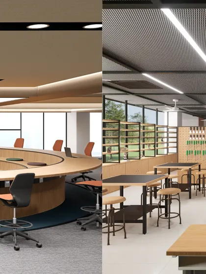A split image showing a formal conference room and a hands-on maker's lab at Heritage Xperiential Learning School. This highlights our ability to design diverse spaces that cater to different learning modes within a single institution.