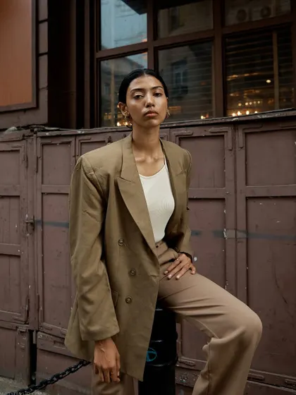 A classic fashion portrait set in an urban environment. The model's relaxed yet poised posture against the rustic brown doors creates a cool, effortless vibe that highlights the oversized blazer.