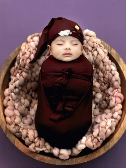 A tiny newborn, swaddled in a maroon wrap with a matching sleepy cap, rests in a wooden bowl on a bed of chunky yarn.