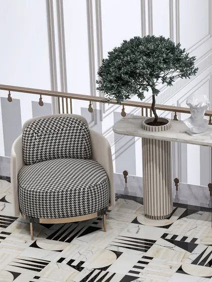 A close-up of the houndstooth chair and fluted console, showcasing the high-fidelity rendering of textures and forms.