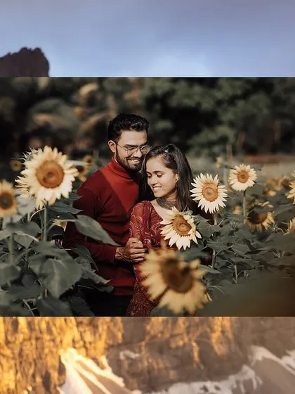 A warm, sun-kissed pre-wedding photo of a couple surrounded by a field of sunflowers, creating a vibrant and joyful atmosphere.