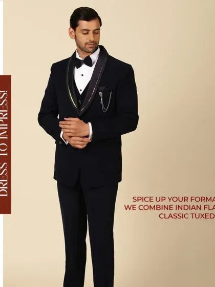Walk into the cocktail party in style. Tuxedo pehno aur sabka dhyaan apni taraf khinch lo! This classic tuxedo with a bow tie is the perfect blend of sophistication and fun.