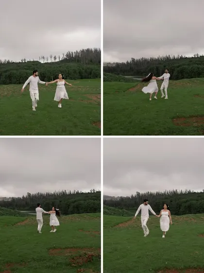 A sequence of the couple running and dancing through a field. This collage captures their playful energy and the carefree joy of being in love in a beautiful, open space.