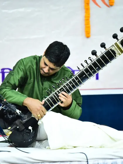 Deep in concentration during a complex musical phrase.