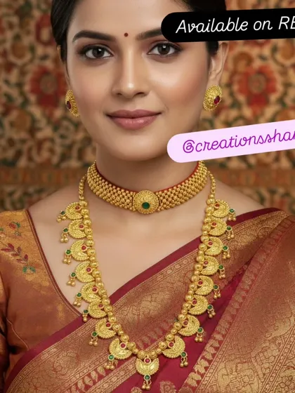 For a timeless and traditional look, my Maharashtrian jewellery collection is perfect. This set features a classic Thushi choker and a matching long haar, designed to complement a traditional Paithani saree beautifully.