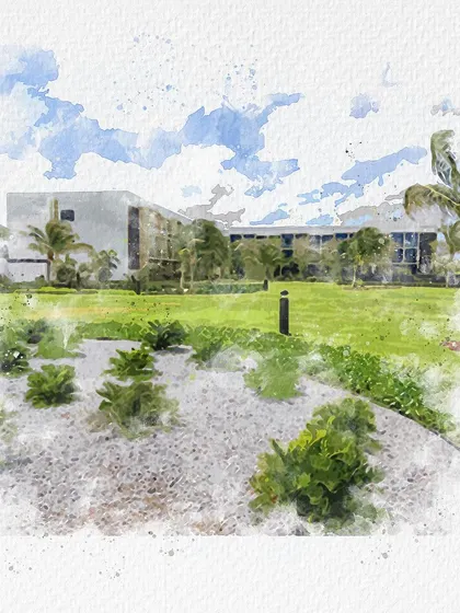 The landscaped grounds of the Aruba Institute, as envisioned in our design renderings. We believe that green spaces are essential for creating a positive and productive learning environment.