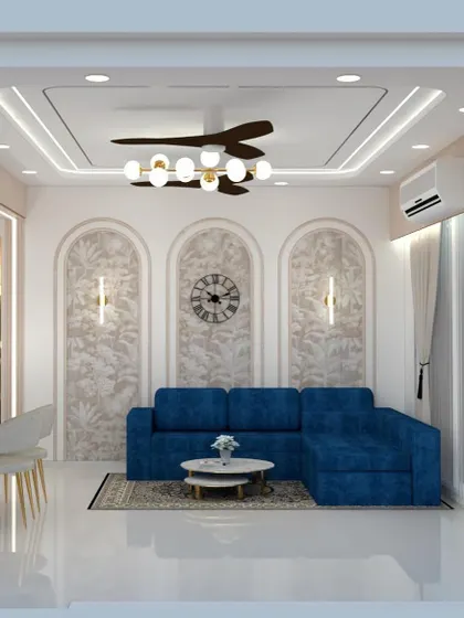 An alternate 3D view for the same living room, where I proposed a textured wallpaper within the wall arches. This helps you choose between different finishes to find the perfect match for your style.