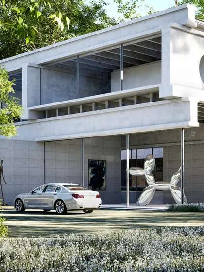 A 3D render of an upcoming farmhouse in Delhi, designed using precast concrete technology. The structure features large openings and is elevated on slender columns, creating a covered space for vehicles and art.