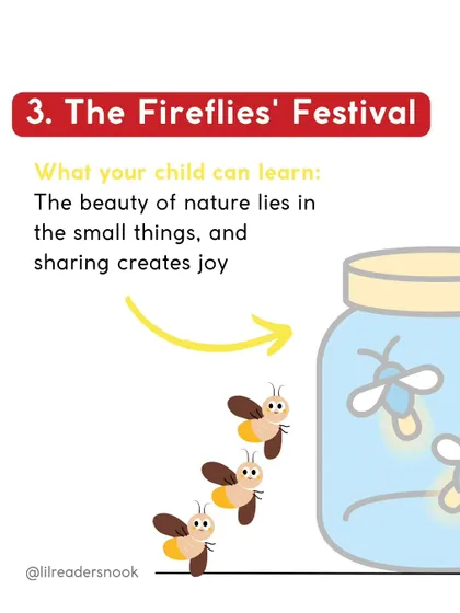 This is "The Fireflies' Festival." This story teaches that the beauty of nature is in the small things, and that sharing our light with others creates even more joy.