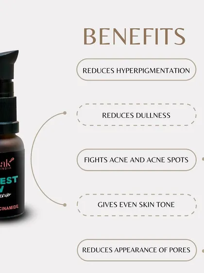 Here are the key benefits of my Forest Dew Face Serum. It’s formulated to reduce hyperpigmentation and dullness, fight acne spots, even out skin tone, and reduce the appearance of pores for visibly clearer skin.