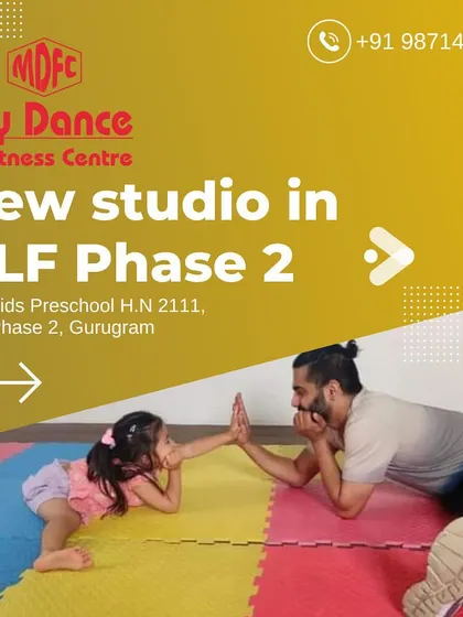 We are excited to announce our second studio is now open in DLF Phase 2. This graphic shows me with a young student, representing our commitment to making our classes accessible to more families.