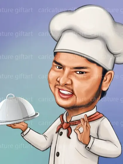 A custom caricature of a chef, complete with his chef's hat and a dish ready to be served. A perfect gift for the food lover or professional cook in your life.
