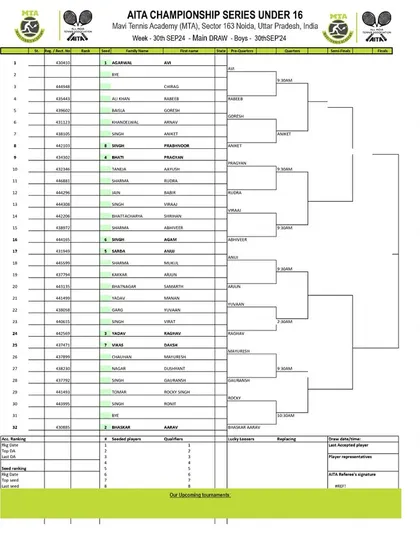 Order of Play for Day 2 of the AITA CS7 U-14 & U-16 tournament in September 2024, showing the Boys' U-16 Main Draw.
