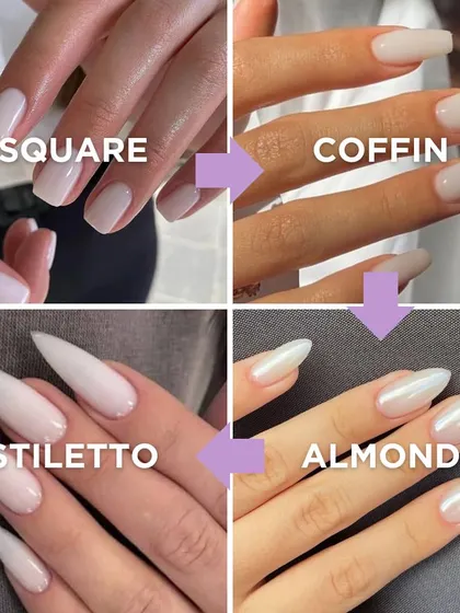 A collage showcasing four popular nail shapes: Square, Coffin, Stiletto, and Almond.