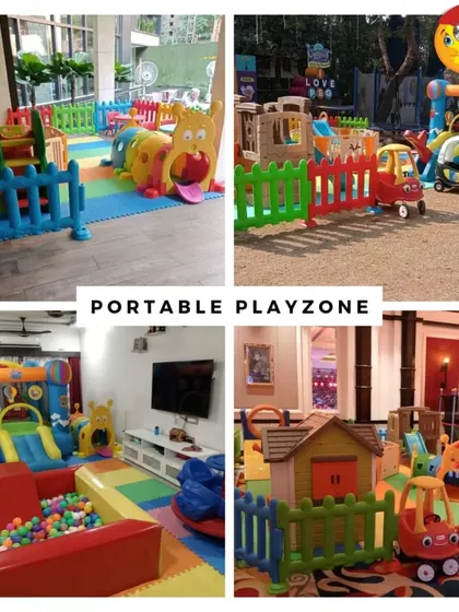 A four-quadrant collage of portable playzones. It shows a mix of indoor and outdoor setups, including a caterpillar tunnel, a bouncy castle with a ball pit, and a large indoor playhouse area.