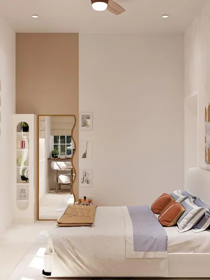 This kid's room features an organic-shaped mirror and a slim, open-shelf unit for a light and airy feel.