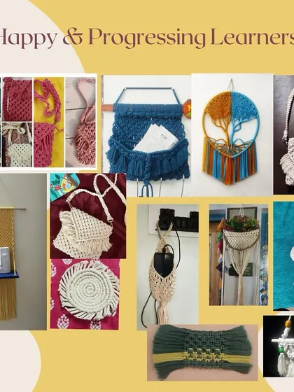 A collection of projects from my students, showing their progress and creativity. It's wonderful to see them making bags, shelves, coasters, and even flamingo keychains.
