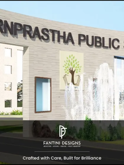 A closer look at the facade of Swarnprastha Public School. The design incorporates a water feature and institutional branding, creating a gateway to knowledge that reflects a spirit of innovation.