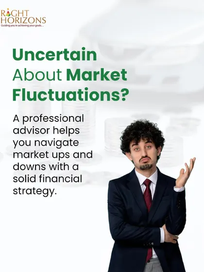 This image addresses investor uncertainty about market fluctuations. It shows a confused professional and explains that a professional advisor helps you navigate market ups and downs with a solid financial strategy.