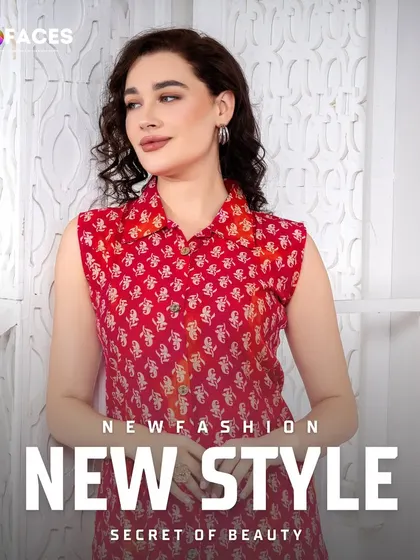 A model in a red printed sleeveless top, part of a "New Style" campaign series, perfect for social media ads.