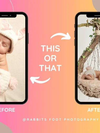 This shows how a simple photo of a sleeping baby can be placed into a creative hanging nest prop through digital editing.