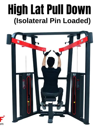 A rear view of a user at the start of the lat pulldown movement.