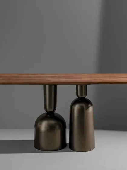 The bottle-leg console table shown with a solid wood top, offering a warmer, more organic alternative to the marble version.