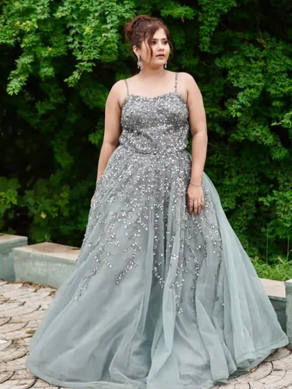 A stylish shot of the grey gown, perfect for a fashion-forward bride or bridesmaid.