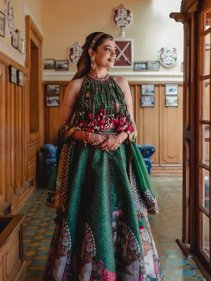 An indoor shot of the bride at her Ooty home. The wooden interiors of the colonial-era house added a rustic charm to her look.