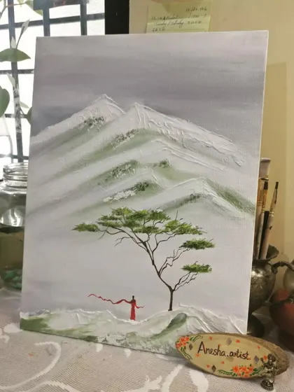 The finished abstract mountain landscape painting, a serene piece for any space.