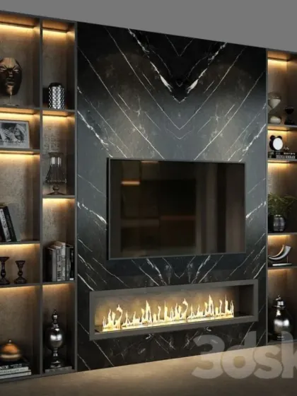 This bold and masculine design features a black marble media wall with an integrated electric fireplace. The unit is flanked by floor-to-ceiling shelving with built-in lighting, perfect for displaying books and collectibles.