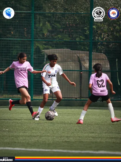 Empowering the next generation of female athletes. Here, players in our U14 Girls' league showcase their skill and teamwork, proving the future of women's football in India is bright.