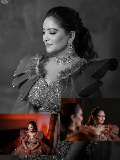 A collection of stunning portraits of the bride from her engagement night, showcasing her glamorous look in both color and black and white.