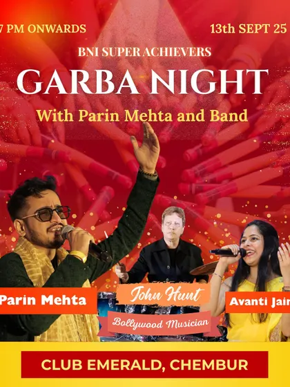 The official event poster for the BNI Super Achievers Garba Night. This showcases a corporate Garba event where I performed with my band, highlighting my ability to cater to professional networking groups.