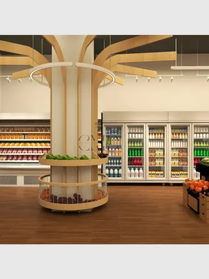 A render of the store's interior, showcasing the flow from the entrance to the refrigerated sections. The design prioritizes a logical customer journey, with wide aisles and clearly visible product categories.